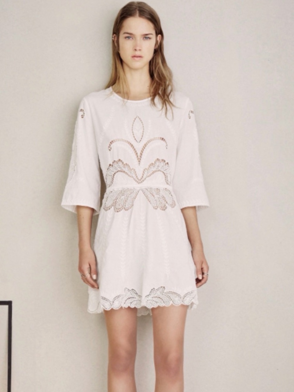 IRO Yante White Embroidered Lace Cotton Dress 36 / US 4 Boho Mini